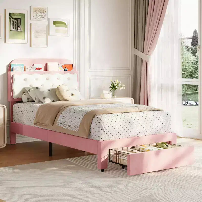 Letto a piattaforma singolo in velluto rosa e bianco con contenitore