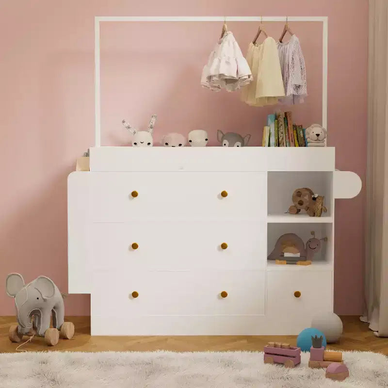 Modern Table Dresser, Baby Dressing Table With 3 Extra Deep Drawers And Storage Shelves And Hangers