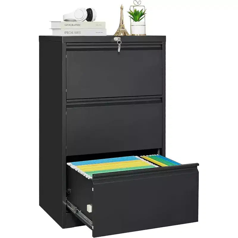 3-drawer side filing cabinet, heavy duty metal filing cabinet with locks for home office, black filing cabinets with business card holder