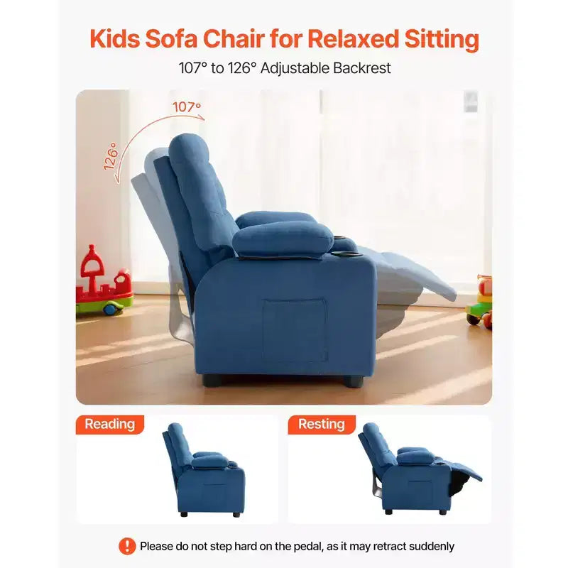Poltrona reclinabile per bambini blu, schienale regolabile, 1 posto