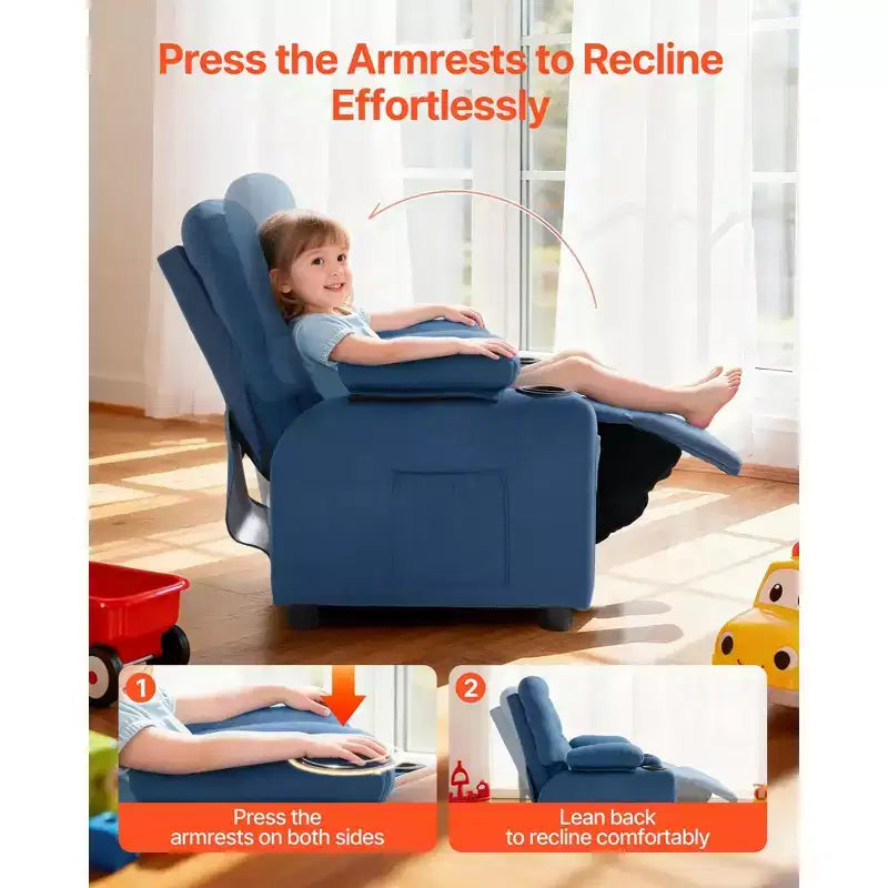 Poltrona reclinabile per bambini blu, schienale regolabile, 1 posto