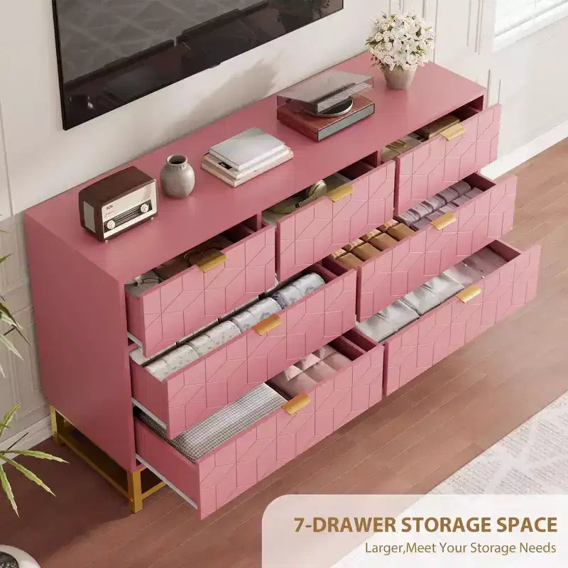 Cassettiera a 7 cassetti, singola, 136 cm L x 40 cm P x 80 cm H, colore: nero/rosa/bianco