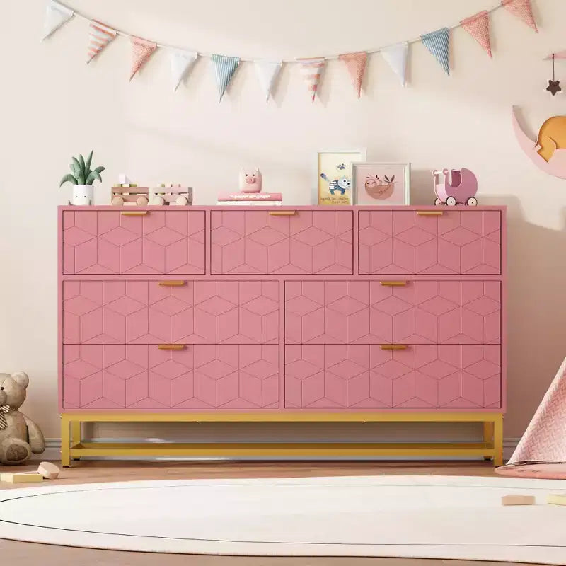 Cassettiera a 7 cassetti, singola, 136 cm L x 40 cm P x 80 cm H, colore: nero/rosa/bianco