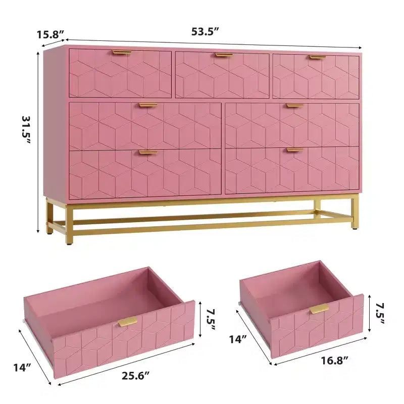 Cassettiera a 7 cassetti, singola, 136 cm L x 40 cm P x 80 cm H, colore: nero/rosa/bianco