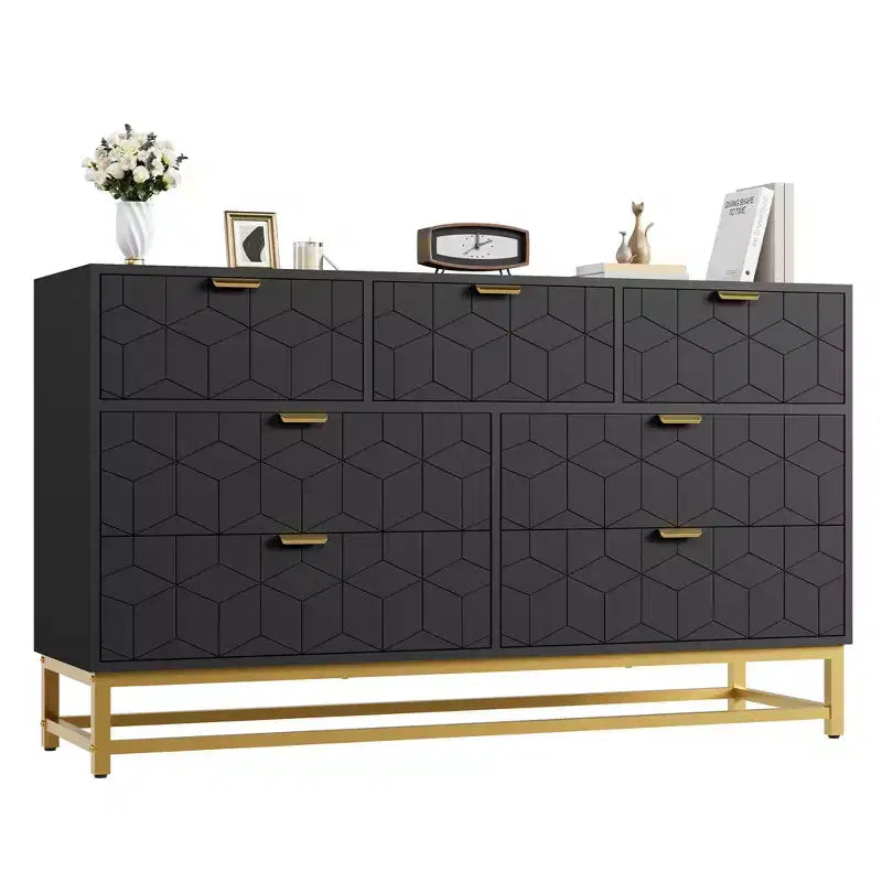 Modern 7-Drawer Entryway Storage Cabinet - 53.5'' Wide Chest with Golden Metal Handles & Legs - Large Organizer for Bedroom, Living Room, Hallway