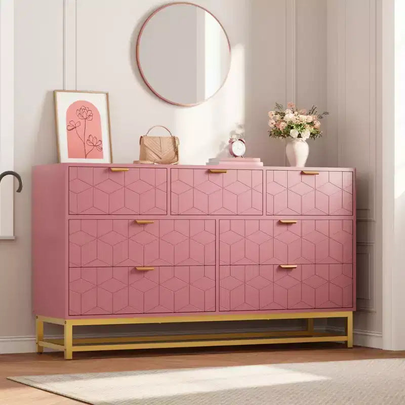 Cassettiera a 7 cassetti, singola, 136 cm L x 40 cm P x 80 cm H, colore: nero/rosa/bianco