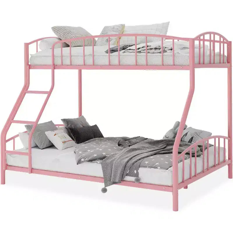 Letto a castello in metallo con scala e ringhiera, due posti, nero/rosa/bianco, piazza e mezza/matrimoniale