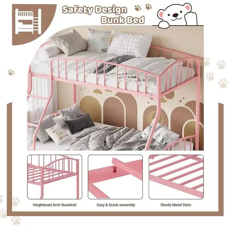 Letto a castello in metallo con scala e ringhiera, due posti, nero/rosa/bianco, piazza e mezza/matrimoniale