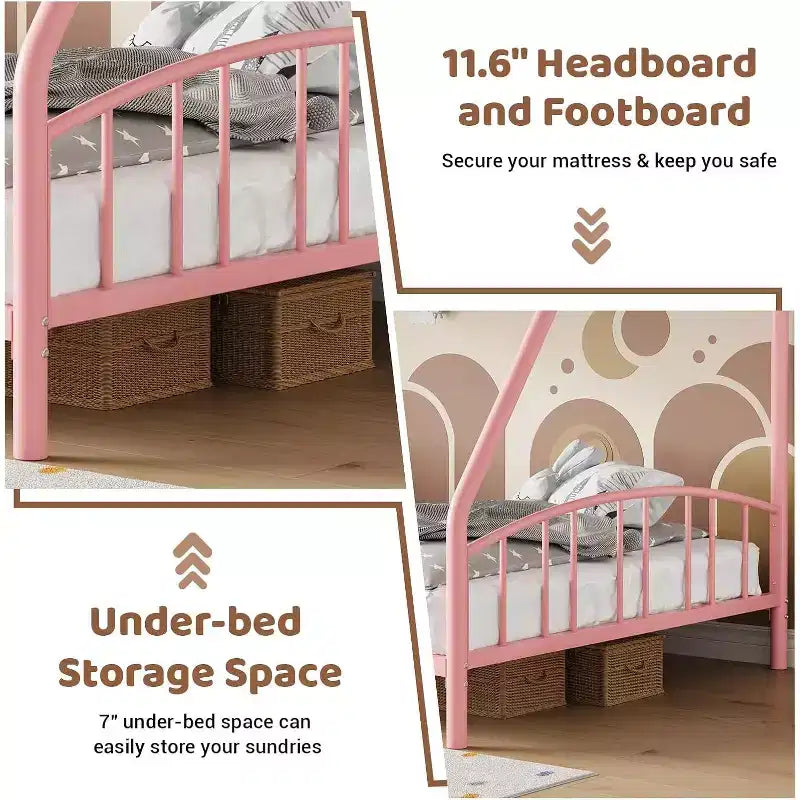 Letto a castello in metallo con scala e ringhiera, due posti, nero/rosa/bianco, piazza e mezza/matrimoniale