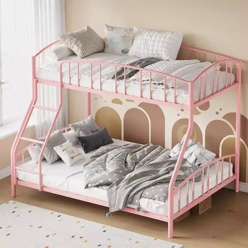 Letto a castello in metallo con scala e ringhiera, due posti, nero/rosa/bianco, piazza e mezza/matrimoniale