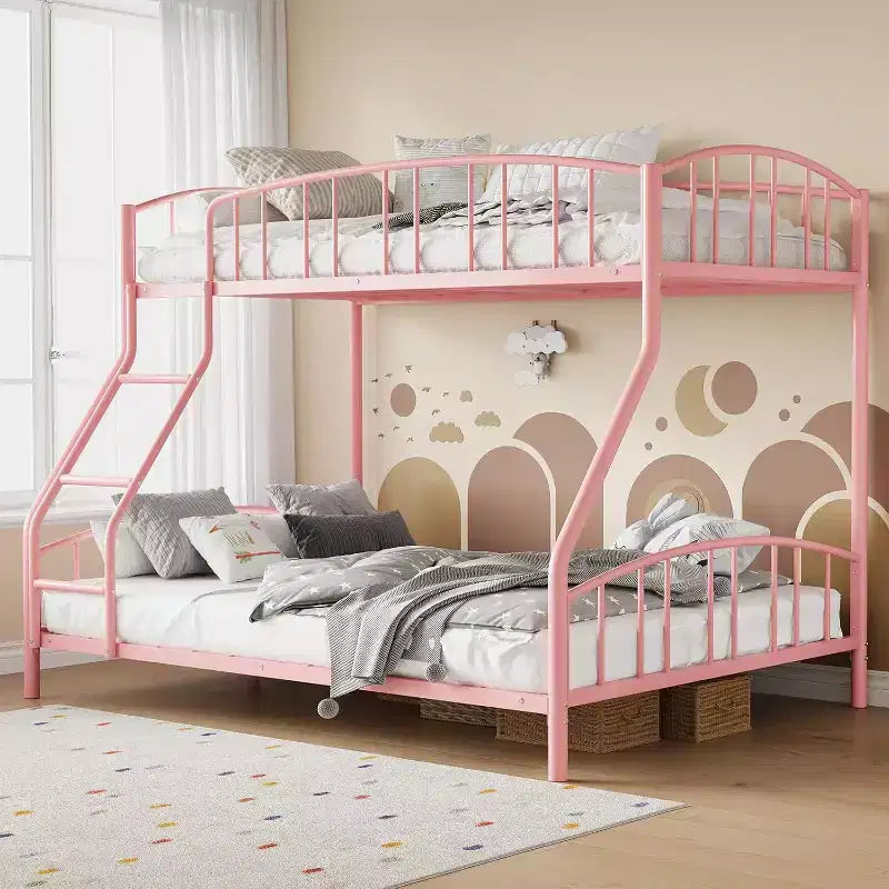 Letto a castello in metallo con scala e ringhiera, due posti, nero/rosa/bianco, piazza e mezza/matrimoniale