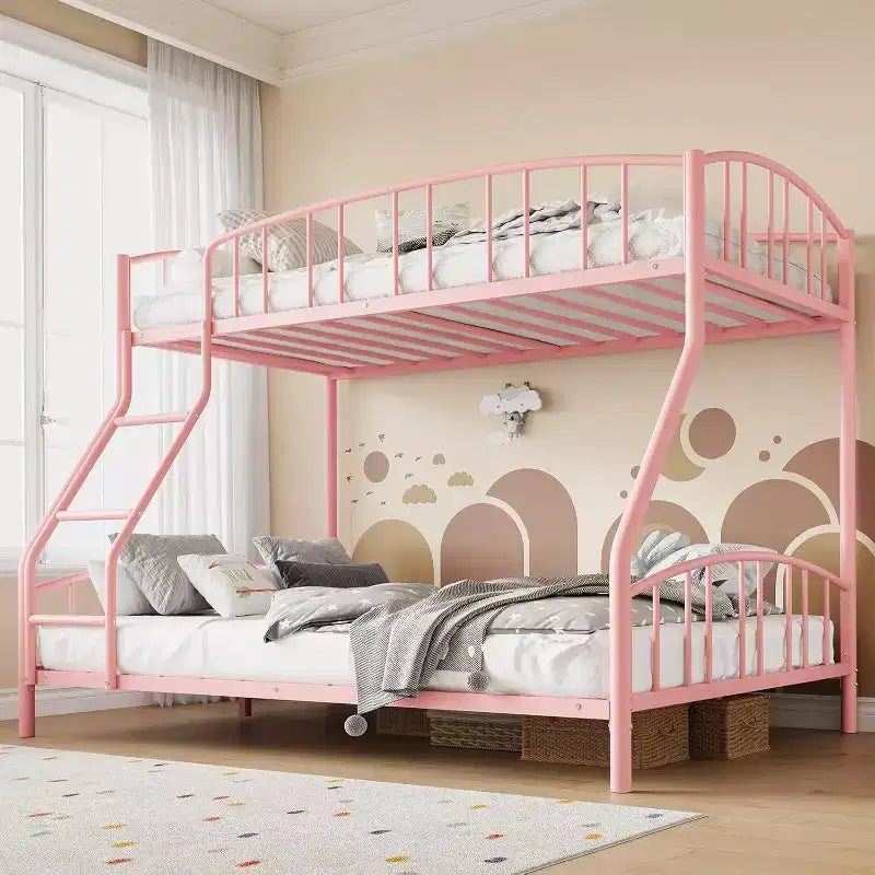 Letto a castello in metallo con scala e ringhiera, due posti, nero/rosa/bianco, piazza e mezza/matrimoniale