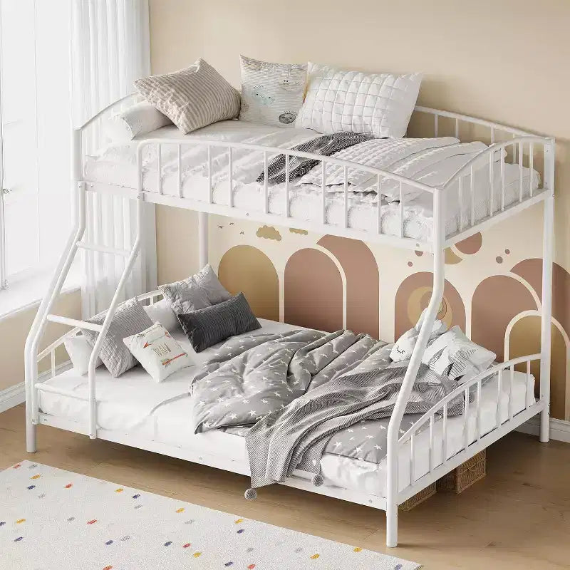 Letto a castello in metallo con scala e ringhiera, due posti, nero/rosa/bianco, piazza e mezza/matrimoniale