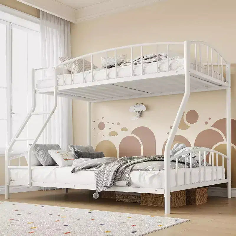 Letto a castello in metallo con scala e ringhiera, due posti, nero/rosa/bianco, piazza e mezza/matrimoniale