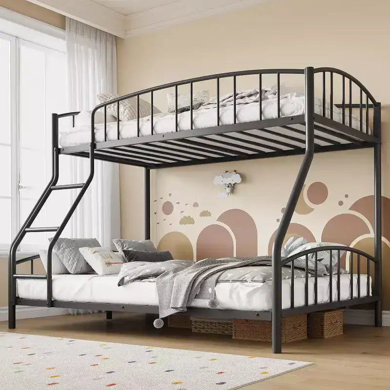 Letto a castello in metallo con scala e ringhiera, due posti, nero/rosa/bianco, piazza e mezza/matrimoniale