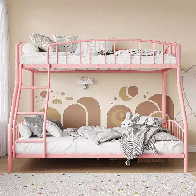 Letto a castello in metallo con scala e ringhiera, due posti, nero/rosa/bianco, piazza e mezza/matrimoniale