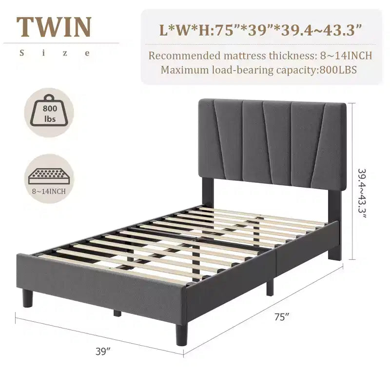 Struttura letto a piattaforma singola, beige/grigio, testiera imbottita in lino, capacità 360 kg, 1 utente