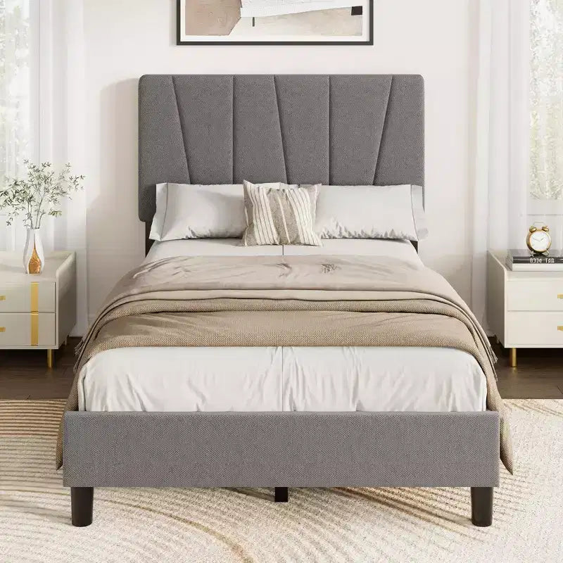 Struttura letto a piattaforma singola, beige/grigio, testiera imbottita in lino, capacità 360 kg, 1 utente