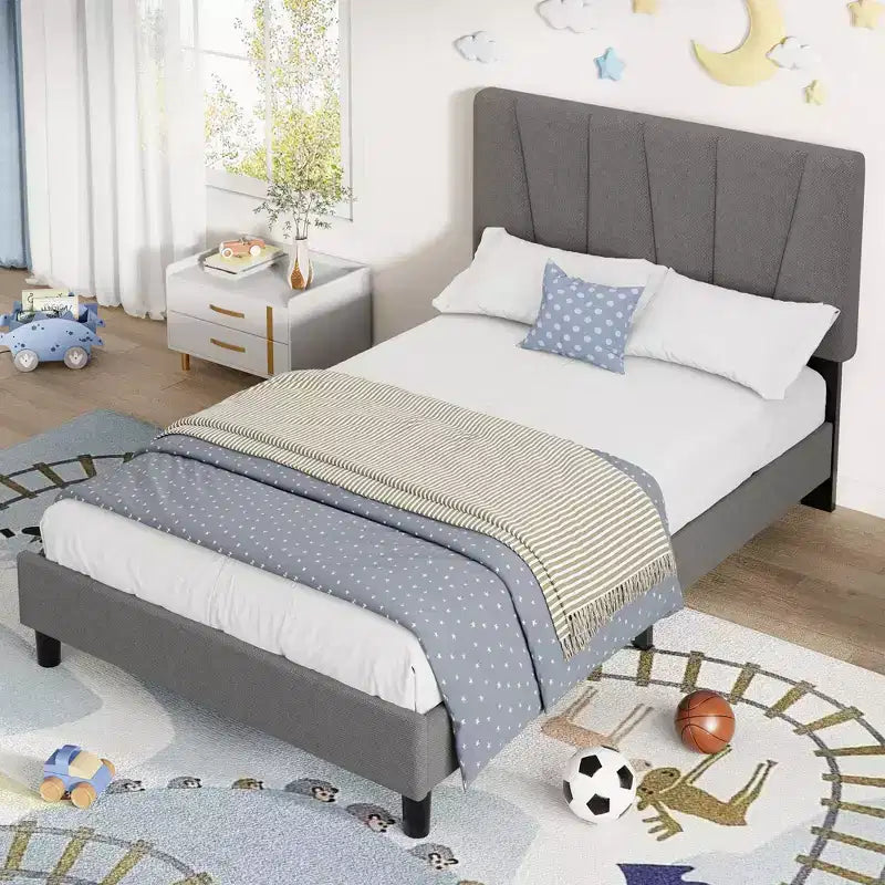 Struttura letto a piattaforma singola, beige/grigio, testiera imbottita in lino, capacità 360 kg, 1 utente
