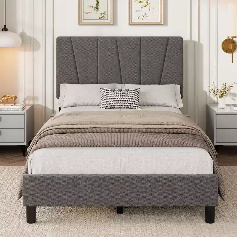 Struttura letto a piattaforma singola, beige/grigio, testiera imbottita in lino, capacità 360 kg, 1 utente