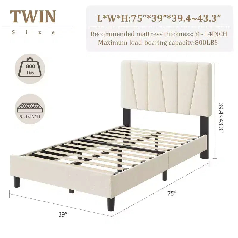 Struttura letto a piattaforma singola, beige/grigio, testiera imbottita in lino, capacità 360 kg, 1 utente