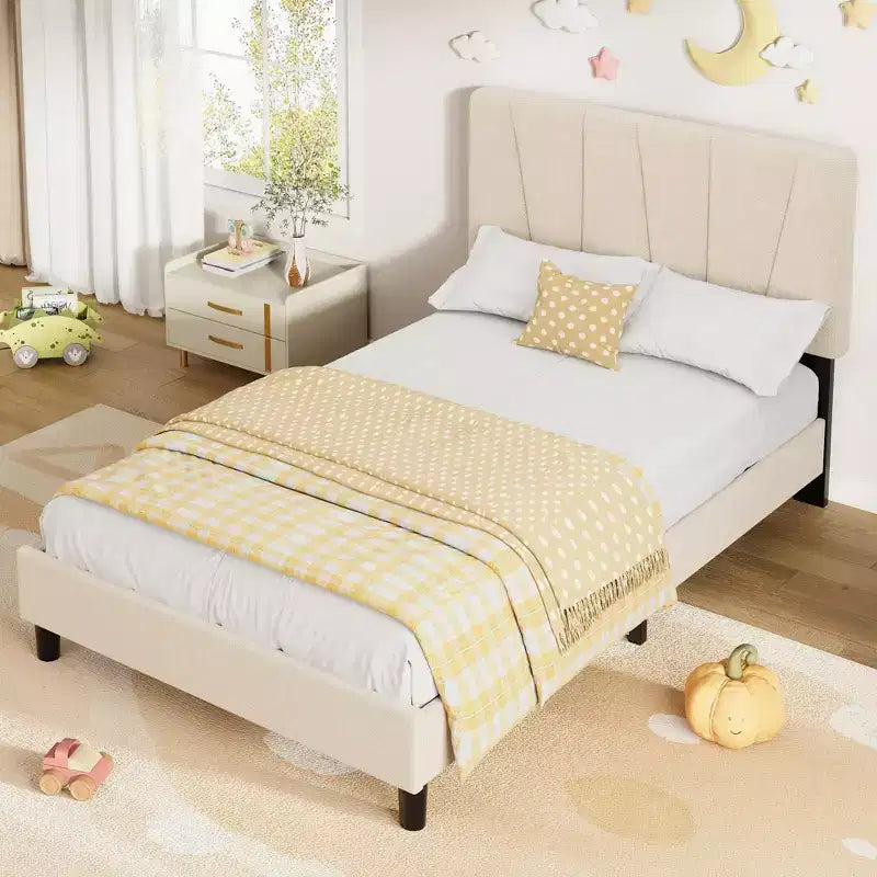 Struttura letto a piattaforma singola, beige/grigio, testiera imbottita in lino, capacità 360 kg, 1 utente