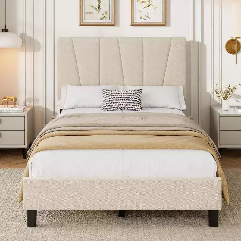 Struttura letto a piattaforma singola, beige/grigio, testiera imbottita in lino, capacità 360 kg, 1 utente