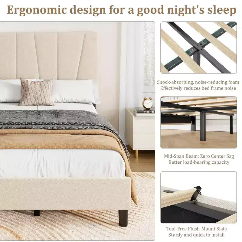 Struttura letto a piattaforma singola, beige/grigio, testiera imbottita in lino, capacità 360 kg, 1 utente