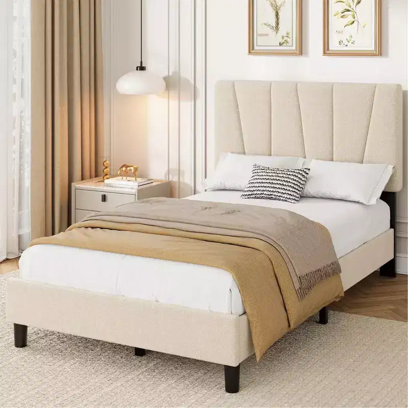 Struttura letto a piattaforma singola, beige/grigio, testiera imbottita in lino, capacità 360 kg, 1 utente
