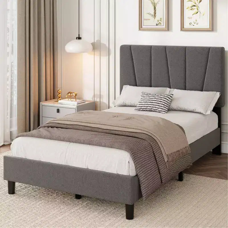 Struttura letto a piattaforma singola, beige/grigio, testiera imbottita in lino, capacità 360 kg, 1 utente