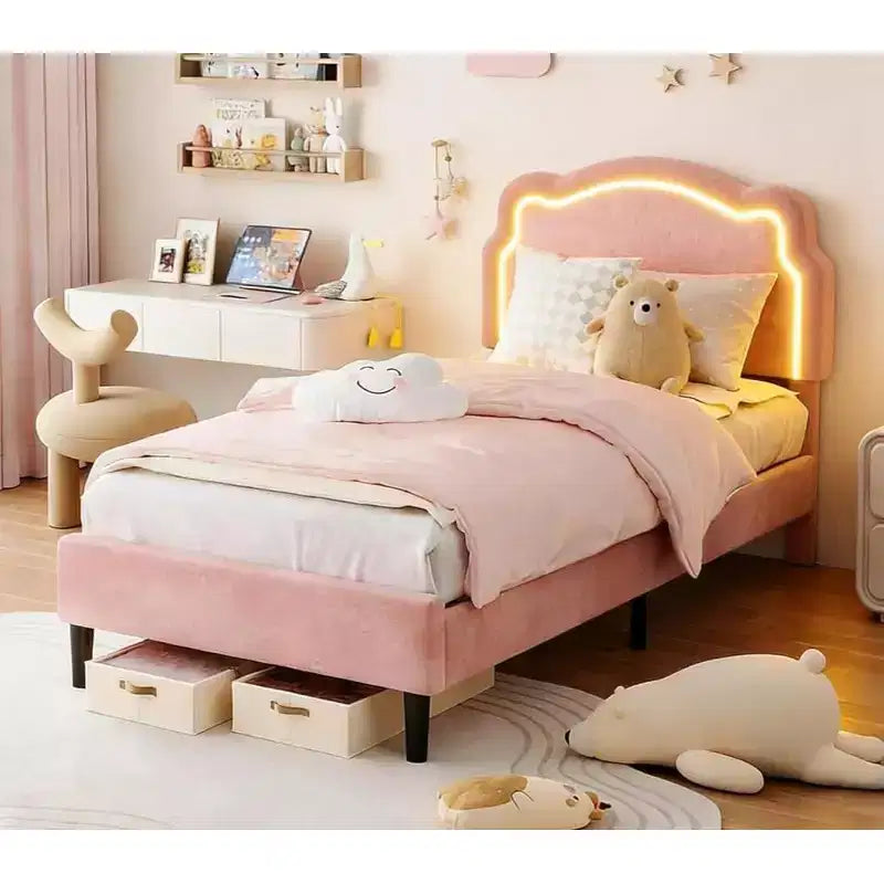 Twin Upholstered Smart Bed Frame with Headboard, Velvet Princess Platform Bed Frame for Kids, Wooden Slats Support, No Box Spring Needed