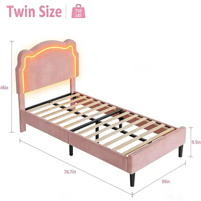 Letto Matrimoniale in Velluto Rosa con Testiera LED RGB, per 1 Persona