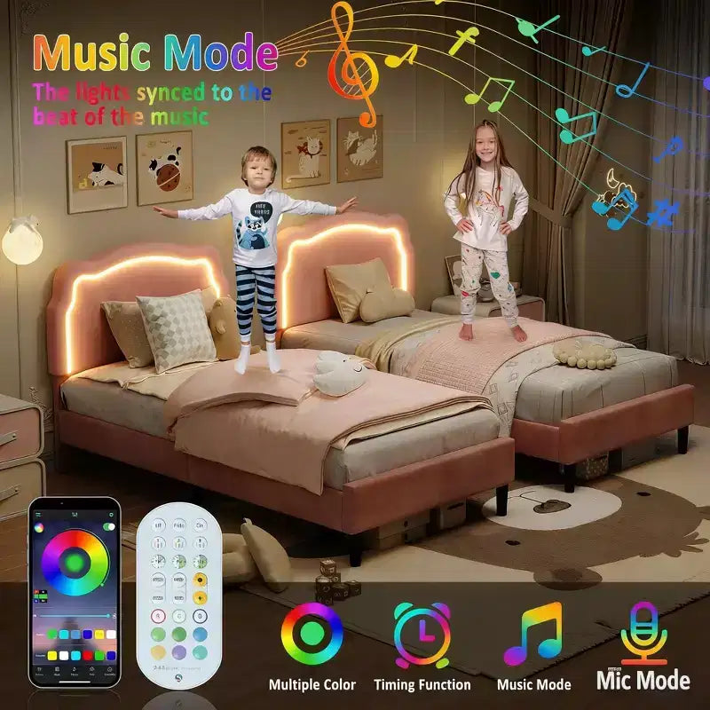 Letto Matrimoniale in Velluto Rosa con Testiera LED RGB, per 1 Persona