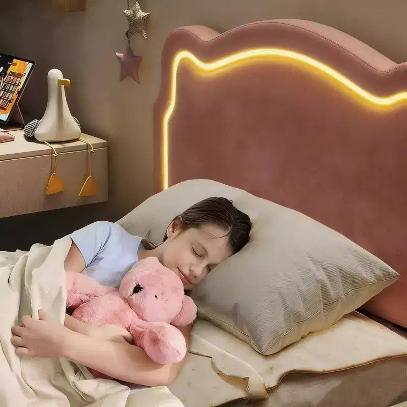 Letto Matrimoniale in Velluto Rosa con Testiera LED RGB, per 1 Persona