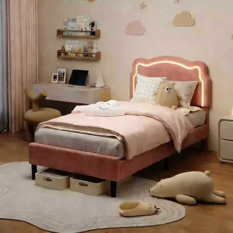 Letto Matrimoniale in Velluto Rosa con Testiera LED RGB, per 1 Persona