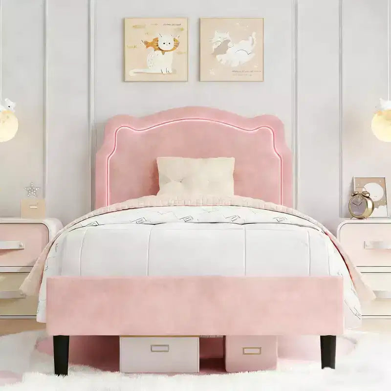 Letto Matrimoniale in Velluto Rosa con Testiera LED RGB, per 1 Persona