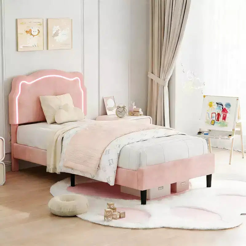 Letto Matrimoniale in Velluto Rosa con Testiera LED RGB, per 1 Persona