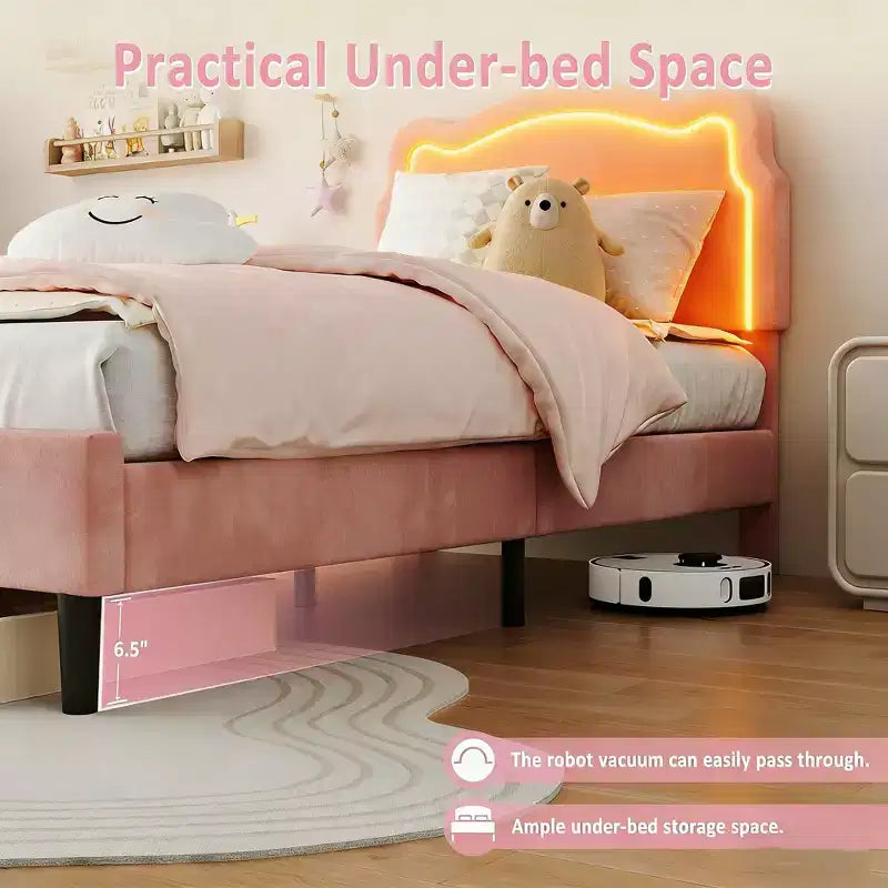 Letto Matrimoniale in Velluto Rosa con Testiera LED RGB, per 1 Persona
