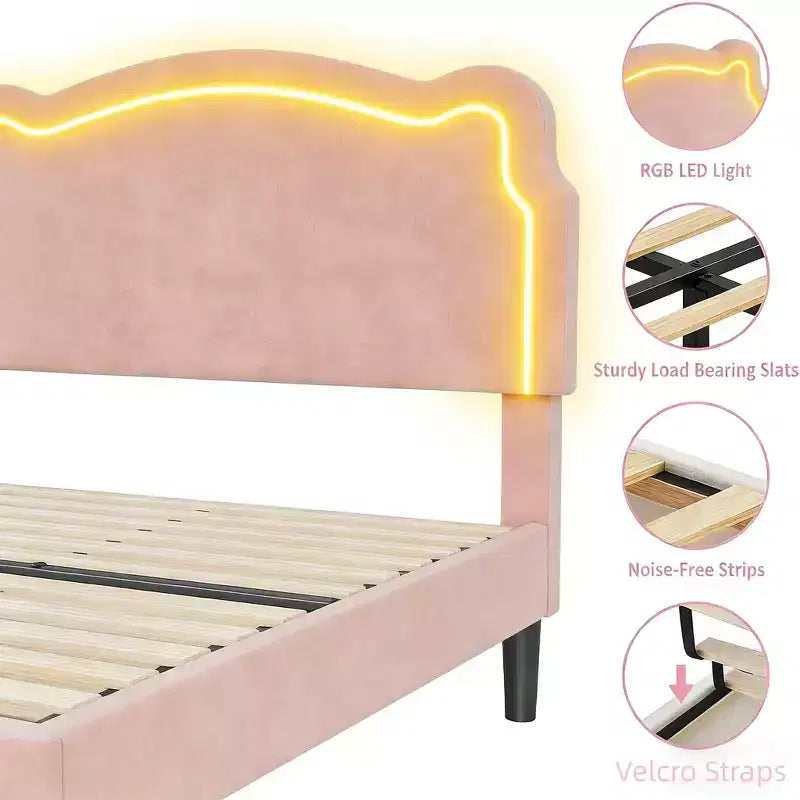 Letto Matrimoniale in Velluto Rosa con Testiera LED RGB, per 1 Persona