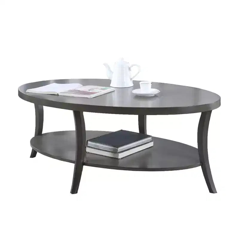 Tavolino da Caffè Ovale a 2 Ripiani in Legno, Espresso / Grigio, 1 Pezzo