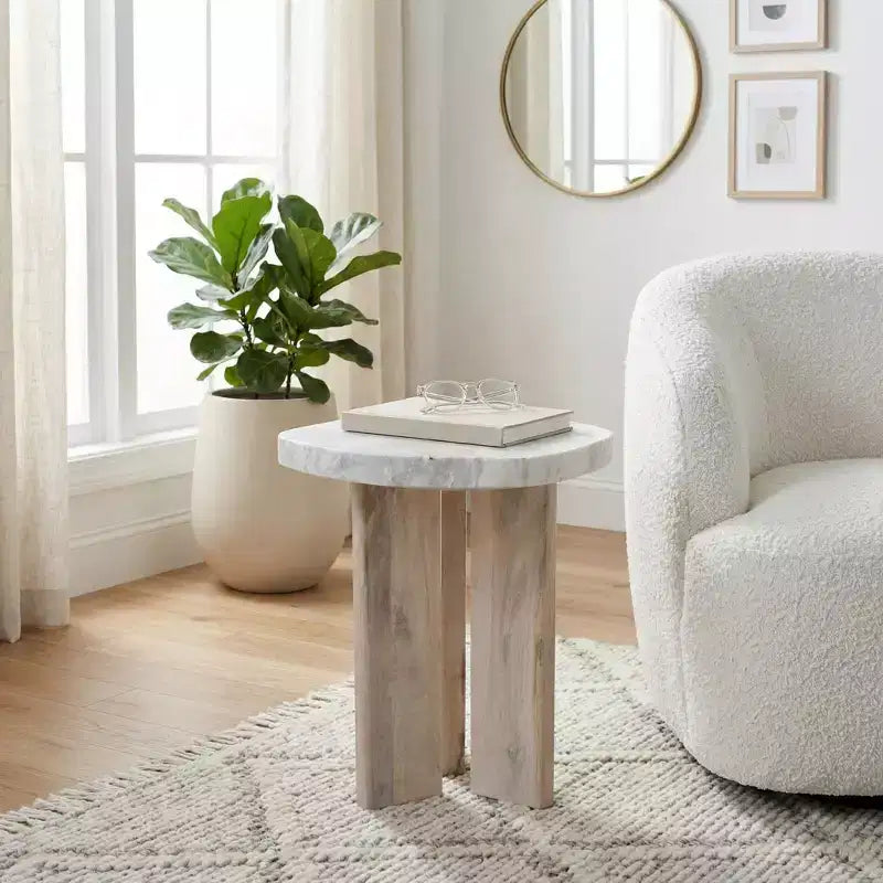 Marble Top with Wood Base Round End and Side Table for Small Spaces - Decorative Accent for Living Room, Room and Bedroom Decor - 23, Tan & Brown