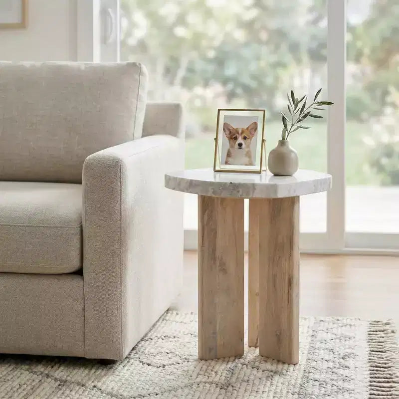 Tavolino Rotondo Off-White e Marrone con Piano in Marmo e Base in Legno, 1 Persona