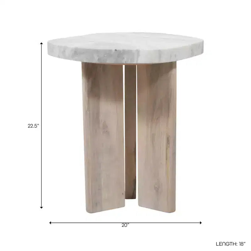 Tavolino Rotondo Off-White e Marrone con Piano in Marmo e Base in Legno, 1 Persona