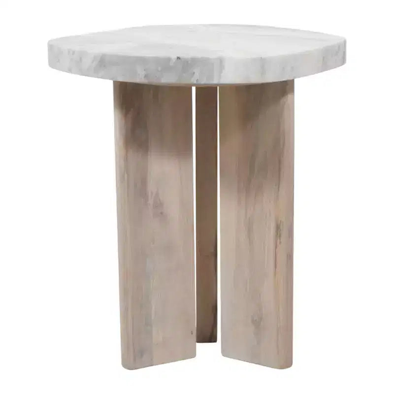 Tavolino Rotondo Off-White e Marrone con Piano in Marmo e Base in Legno, 1 Persona