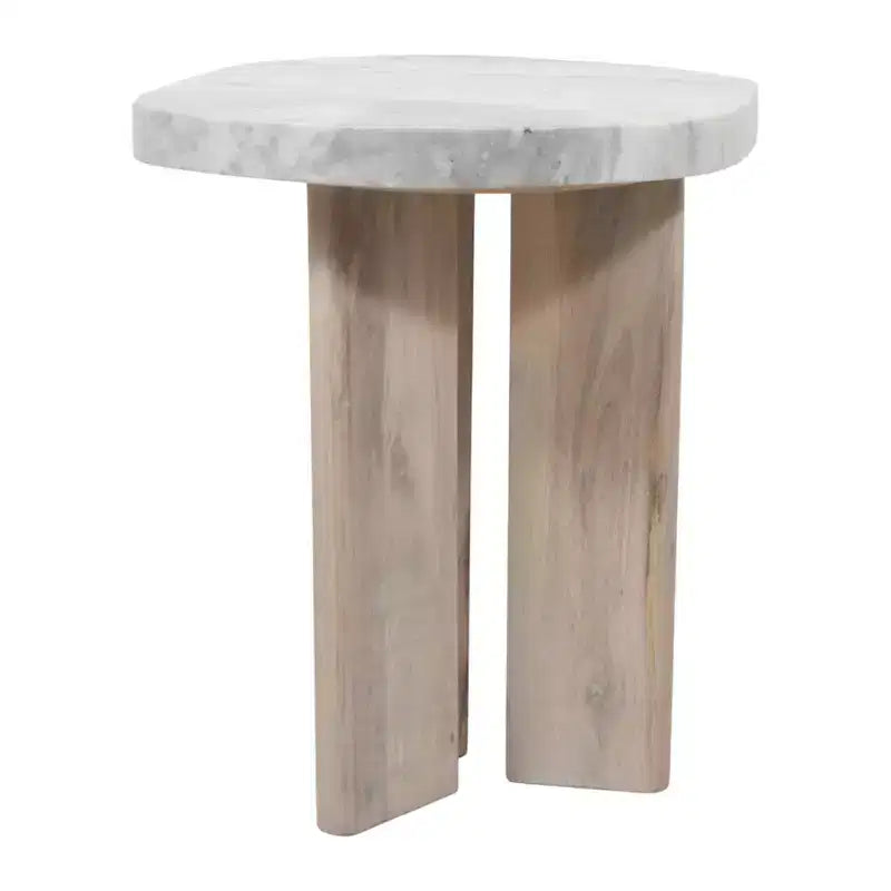 Tavolino Rotondo Off-White e Marrone con Piano in Marmo e Base in Legno, 1 Persona