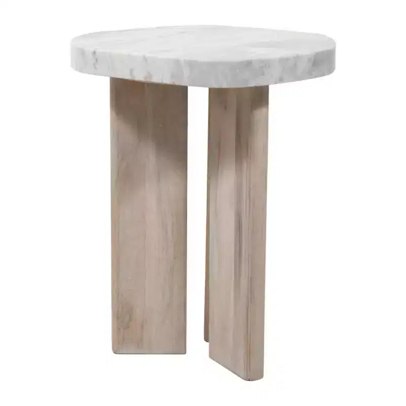 Tavolino Rotondo Off-White e Marrone con Piano in Marmo e Base in Legno, 1 Persona