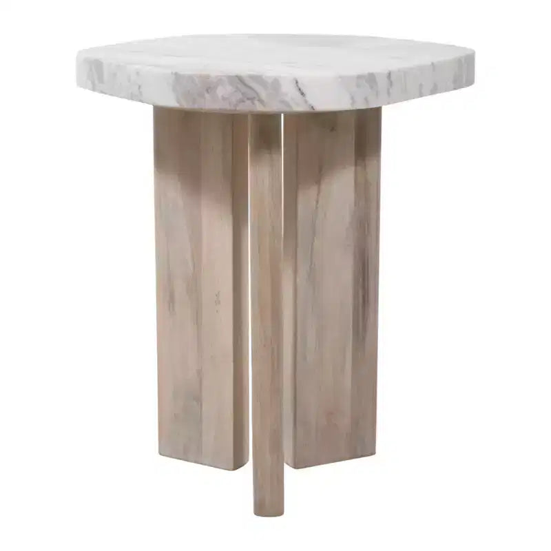 Tavolino Rotondo Off-White e Marrone con Piano in Marmo e Base in Legno, 1 Persona