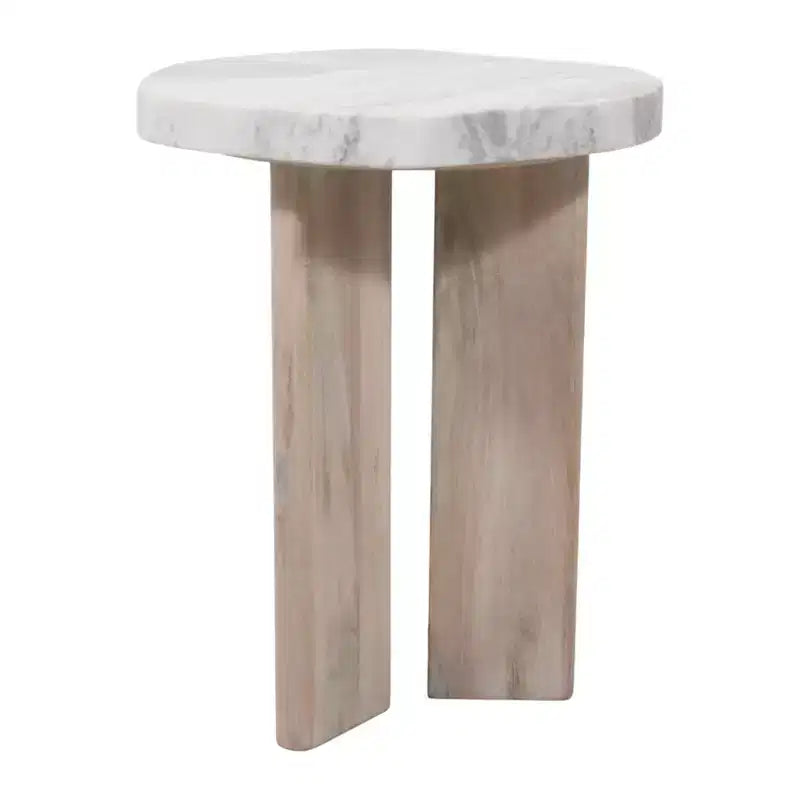Tavolino Rotondo Off-White e Marrone con Piano in Marmo e Base in Legno, 1 Persona