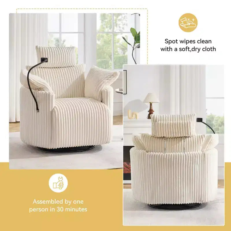 Poltrona reclinabile girevole in velluto a coste grigio/bianco con poggiapiedi, monoposto
