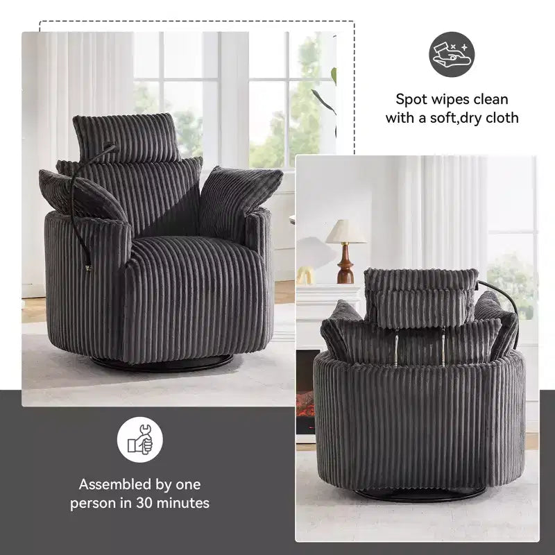 Poltrona reclinabile girevole in velluto a coste grigio/bianco con poggiapiedi, monoposto